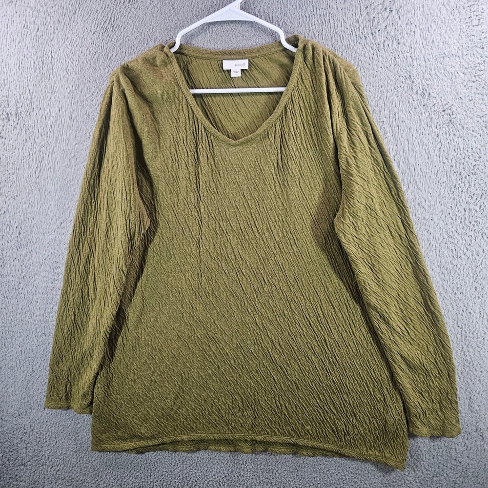Pure Jill Womens Olive Green Crinkle Gauze Cotton V-Neck Long Sleeve Top S